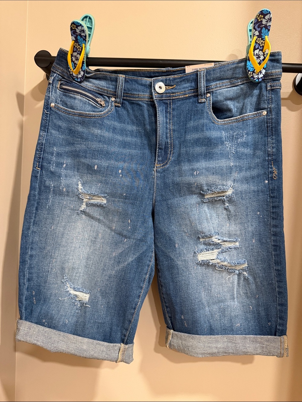 INC International Concepts Distressed Blue Denim Roll-Cuff Shorts